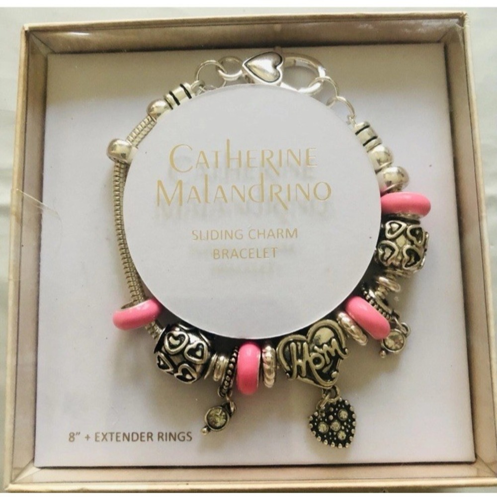 Catherine Malandrino Sliding Charm Bracelet Mom Heart Silver‎ Pink 8" Gift Box